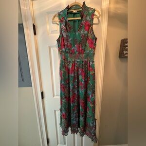 Roller Rabbit Green and Pink Asymmetrical Sundress with Notched Collar